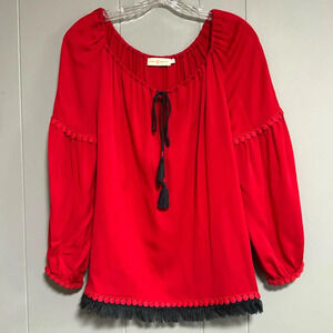TORY BURCH Sylvie Boho Peasant Blouse Red Silk Scoop Neck Fringe Tassel Size 0